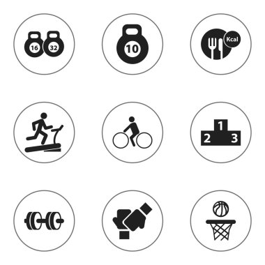 9 düzenlenebilir etkin simgeler kümesi. Barbell, güç ve basketbol gibi simgeler içerir. Web, mobil, UI ve Infographic tasarımı için kullanılabilir.
