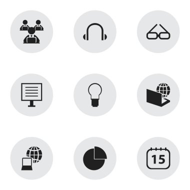9 düzenlenebilir Office simgeler kümesi. Görüntü, kulaklık, dünya ve daha fazlası gibi simgeler içerir. Web, mobil, UI ve Infographic tasarımı için kullanılabilir.