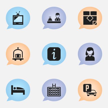 9 düzenlenebilir Plaza simgeler kümesi. Bilgi işareti, yatak, arabası ve daha fazlası gibi simgeler içerir. Web, mobil, UI ve Infographic tasarımı için kullanılabilir.