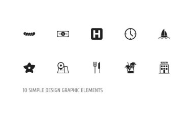 10 düzenlenebilir tatil simgeler kümesi. Helikopter pisti, çatal bıçak, gezinme ve daha fazlası gibi simgeler içerir. Web, mobil, UI ve Infographic tasarımı için kullanılabilir.