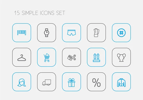 Uppsättning av 15 redigerbara Shopping disposition ikoner. Innehåller symboler såsom skärning, Coat, blandning och mer. Kan användas för webb-, mobil-, Ui- och Infographic Design. — Stock vektor