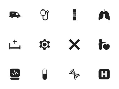 12 düzenlenebilir sağlık simgeler kümesi. Yara bandı, insan aşk, solunum organı gibi simgeler içerir. Web, mobil, UI ve Infographic tasarımı için kullanılabilir.