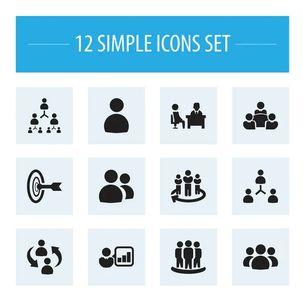 Sada 12 ikon upravitelné spolupráce. Obsahuje symboly, například struktury zaměstnanců, zavedení, tým a mnoho dalšího. Lze použít pro webové, mobilní, Ui a infografika Design. — Stockový vektor