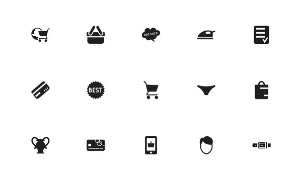 Satz von 15 editierbaren Handelssymbolen. enthält Symbole wie Globus-Einkaufswagen, Vase, Warenkorb und vieles mehr. kann für Web-, Mobil-, UI- und Infografik-Design verwendet werden. — Stockvektor