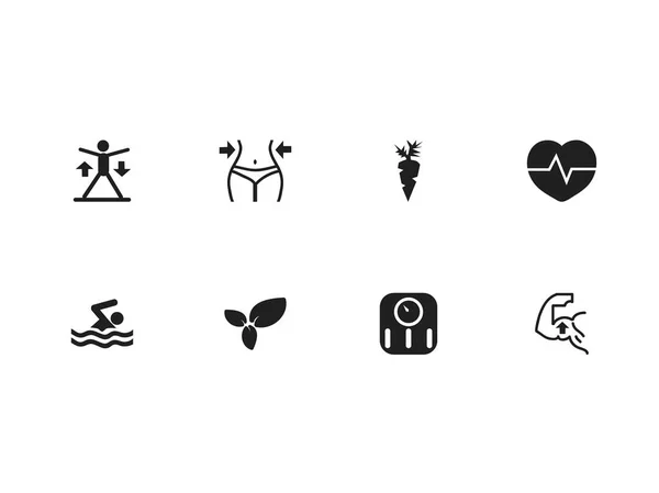 Conjunto de 8 iconos de ejercicio editables. Incluye símbolos como escamas, adelgazamiento, latidos del corazón y más. Se puede utilizar para diseño web, móvil, IU e infografía . — Vector de stock
