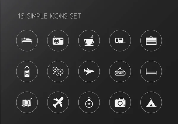 Sada 15 upravitelné cesty ikon. Obsahuje symboly, například čaj, letadel, zavazadla a další. Lze použít pro webové, mobilní, Ui a infografika design. — Stockový vektor