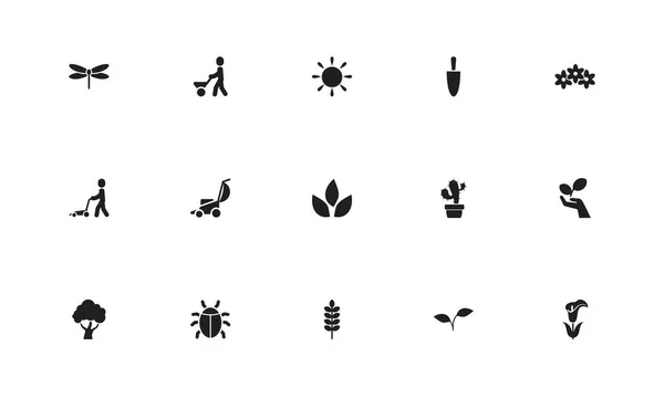 Conjunto de 15 iconos de jardinería editable. Incluye símbolos como crecimiento, cortacésped, sol y más. Se puede utilizar para diseño web, móvil, IU e infografía . — Vector de stock