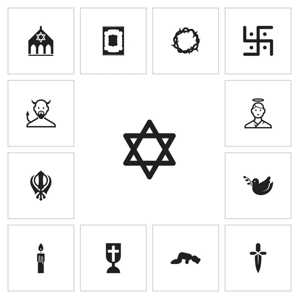Conjunto de 13 iconos editable dyne. Incluye símbolos como sinagoga, daga, diablo y más. Se puede utilizar para diseño web, móvil, IU e infografía . — Archivo Imágenes Vectoriales