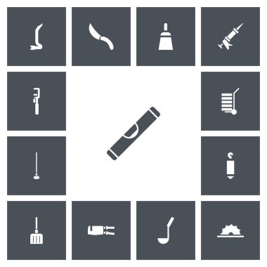 13 düzenlenebilir araçları simgeler kümesi. Seviye cetveli, kar mala, kargo ve daha fazlası gibi simgeler içerir. Web, mobil, UI ve Infographic tasarım için kullanılabilir.