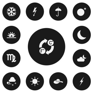 13 düzenlenebilir hava simgeler kümesi. Gün batımında, soğuk, şemsiye ve daha fazlası gibi simgeler içerir. Web, mobil, UI ve Infographic tasarım için kullanılabilir.