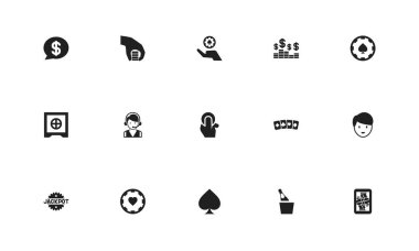 15 düzenlenebilir kumar simgeler kümesi. Maça, jack kartı, telefon hattı ve daha fazlası gibi simgeler içerir. Web, mobil, UI ve Infographic tasarım için kullanılabilir.