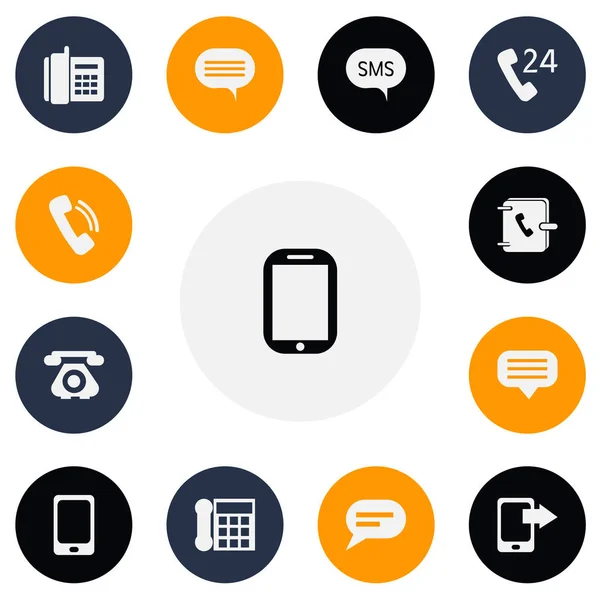 Zestaw 13 ikony gadżetu można edytować. Zawiera symbole, takie jak wiadomości, Udostępnij ekran, telefon do domu i więcej. Mogą być używane dla sieci web, mobilnych, projektowania interfejsu użytkownika i infografiki. — Wektor stockowy
