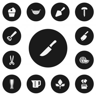 13 düzenlenebilir yemek simgeler kümesi. Tirbuşon, karpuz, ölçme fincan ve daha fazla gibi simgeler içerir. Web, mobil, UI ve Infographic tasarım için kullanılabilir.