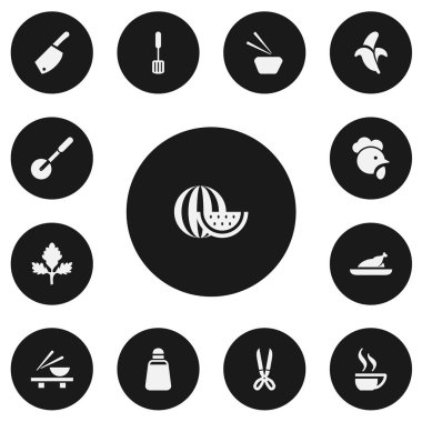 13 düzenlenebilir yemek simgeler kümesi. Tavuk, karpuz ve ızgara gibi simgeler içerir. Web, mobil, UI ve Infographic tasarım için kullanılabilir.