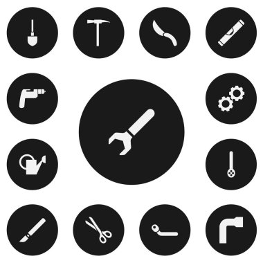 13 düzenlenebilir ekipman simgeler kümesi. Neşter, İngiliz anahtarı, tekerlek anahtarı ve daha fazlası gibi simgeler içerir. Web, mobil, UI ve Infographic tasarım için kullanılabilir.