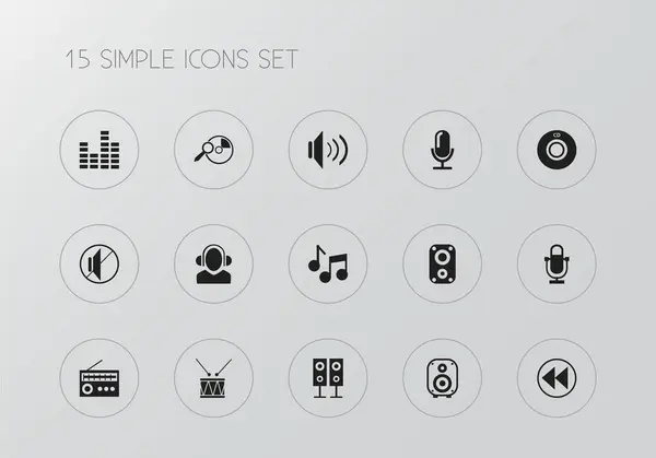 Conjunto de 15 iconos de sonido editables. Incluye símbolos como timpano, mudo, radio y más. Se puede utilizar para diseño web, móvil, IU e infografía . — Archivo Imágenes Vectoriales