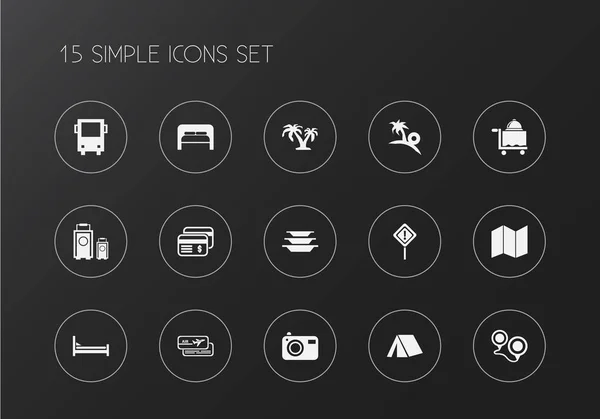 Uppsättning av 15 redigerbara resa ikoner. Innehåller symboler såsom säng, häfte, bagage med mera. Kan användas för webb-, mobil-, Ui och infographic design. — Stock vektor
