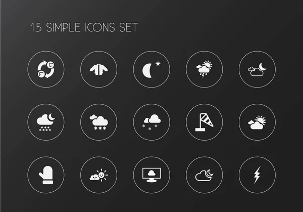 Sada 15 upravitelné klimatu ikon. Obsahuje symboly, například úderu blesku, pološero, mrazivý a mnoho dalšího. Lze použít pro webové, mobilní, Ui a infografika design. — Stockový vektor