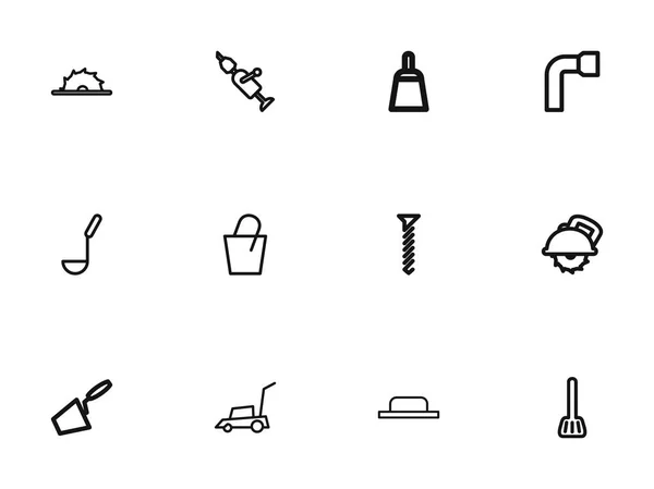 Ensemble de 12 icônes d'instrument modifiables style ligne. Comprend des symboles tels que tondeuse à gazon, ustensile de cuisine, louche à soupe et plus encore. Peut être utilisé pour la conception web, mobile, UI et infographique . — Image vectorielle