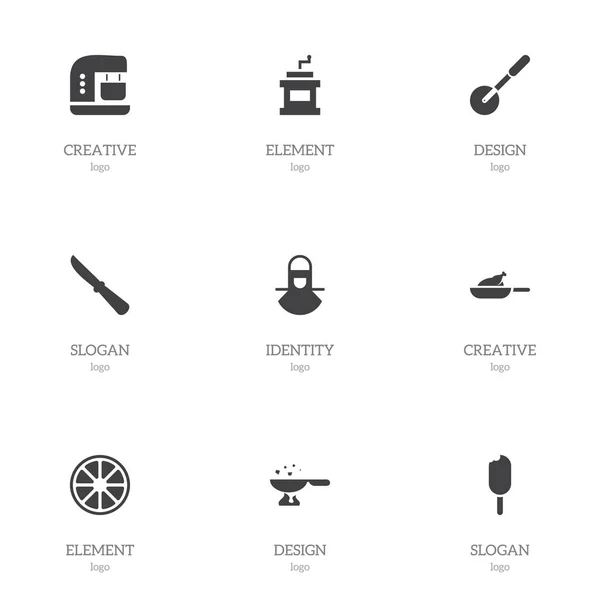 Conjunto de 9 iconos de comida editable. Incluye símbolos como amoladora de moca, parrilla, rodillo de cuchillo y más. Se puede utilizar para diseño web, móvil, IU e infografía . — Vector de stock