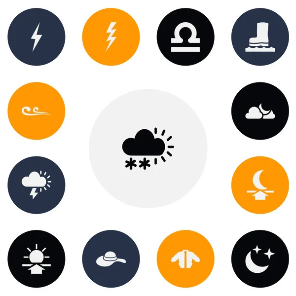 Ensemble de 13 icônes climatiques modifiables. Comprend des symboles tels que lever de soleil, veste, tonnerre et plus encore. Peut être utilisé pour la conception web, mobile, UI et infographique . — Image vectorielle