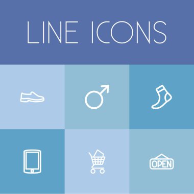 6 düzenlenebilir alışveriş simgeleri çizgi stili kümesi. Sembolleri açmak gibi pazarlık, kadın işaret ve daha fazlasını içerir. Web, mobil, UI ve Infographic tasarım için kullanılabilir.