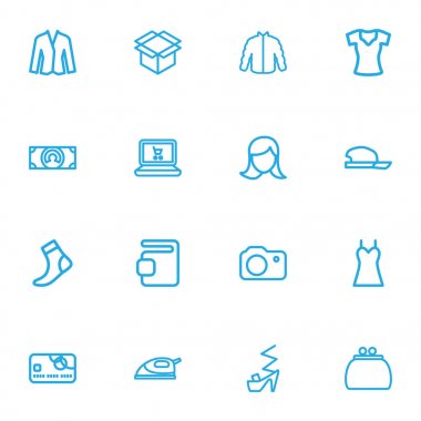 16 düzenlenebilir alışveriş simgeleri çizgi stili kümesi. Kutusunu boş, cüzdan, Ütü ve daha fazlası gibi simgeler içerir. Web, mobil, UI ve Infographic tasarım için kullanılabilir.