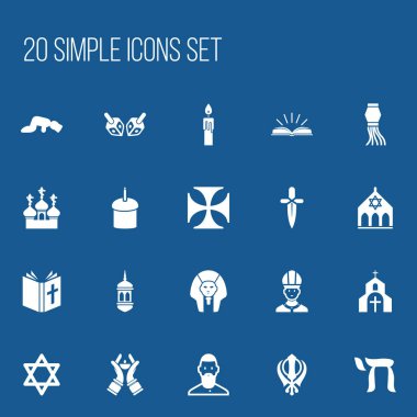 20 düzenlenebilir inanç simgeler kümesi. Sajdah, Şamdan, Minare gibi simgeler içerir. Web, mobil, UI ve Infographic tasarım için kullanılabilir.