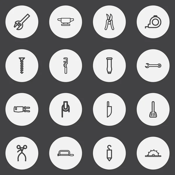 Zestaw 16 sprzęt ikony stylu linii. Zawiera symbole, takie jak klucz, otworu, nóż i więcej. Mogą być używane dla sieci web, mobilnych, projektowania interfejsu użytkownika i infografiki. — Wektor stockowy