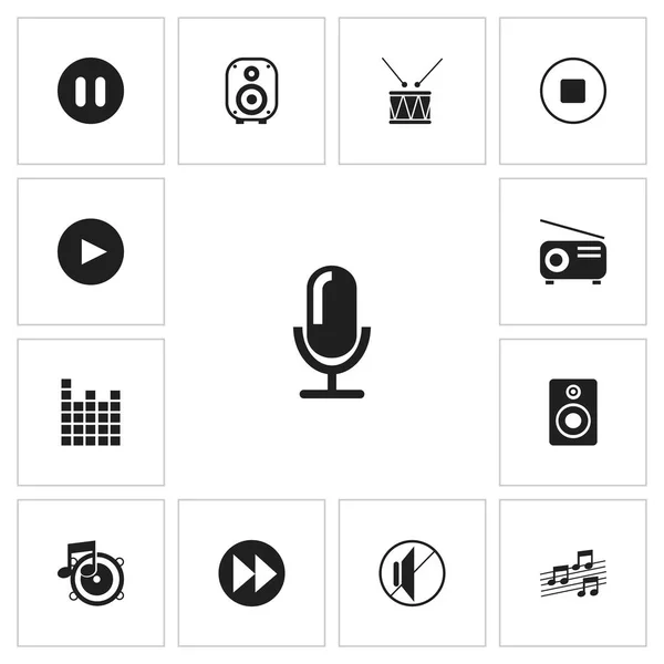 Satz von 13 editierbaren Audio-Icons. beinhaltet Symbole wie Start-Audio, Journalismusausrüstung, Notiz und mehr. kann für Web-, Mobil-, UI- und Infografik-Design verwendet werden. — Stockvektor