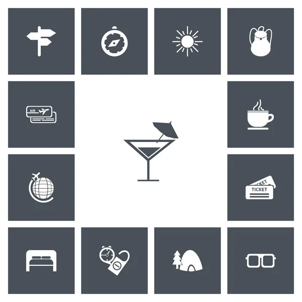 Ensemble de 13 icônes de voyage modifiables. Comprend des symboles tels que tasse à thé, billet, soleil et plus encore. Peut être utilisé pour la conception web, mobile, UI et infographique . — Image vectorielle