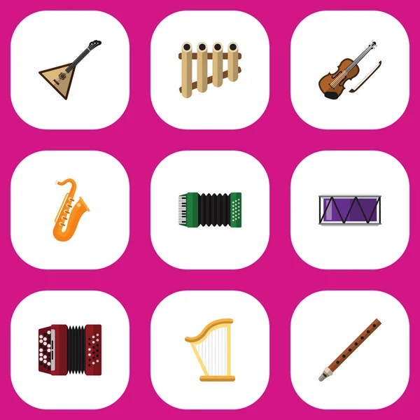 Set de 9 iconos de música editables de estilo plano. Incluye símbolos como fife, armónica, barril y más. Se puede utilizar para diseño web, móvil, IU e infografía . — Archivo Imágenes Vectoriales