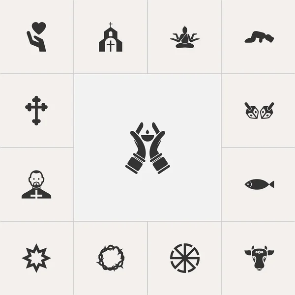 Conjunto de 13 iconos editable dyne. Incluye símbolos como la cruz cristiana, corazón en mano, ichthys. Se puede utilizar para diseño web, móvil, IU e infografía . — Archivo Imágenes Vectoriales