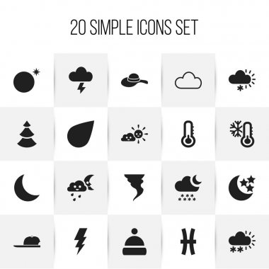20 düzenlenebilir iklim simgeler kümesi. Güneşli havalarda, şapka, hilal bulutlu ve daha fazlası gibi simgeler içerir. Web, mobil, UI ve Infographic tasarım için kullanılabilir.