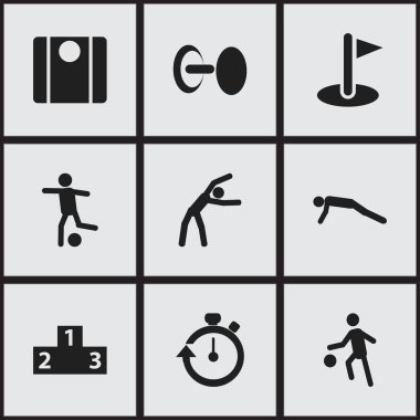 9 düzenlenebilir egzersiz simgeler kümesi. Kazanan, denge, futbol ve daha fazla bilgi için platform gibi simgeler içerir. Web, mobil, UI ve Infographic tasarım için kullanılabilir.