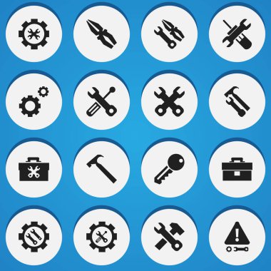 16 düzenlenebilir toolkit simgeler kümesi. Tutamacı isabet, enstrüman, İngiliz anahtarı gibi simgeler içerir. Web, mobil, UI ve Infographic tasarım için kullanılabilir.