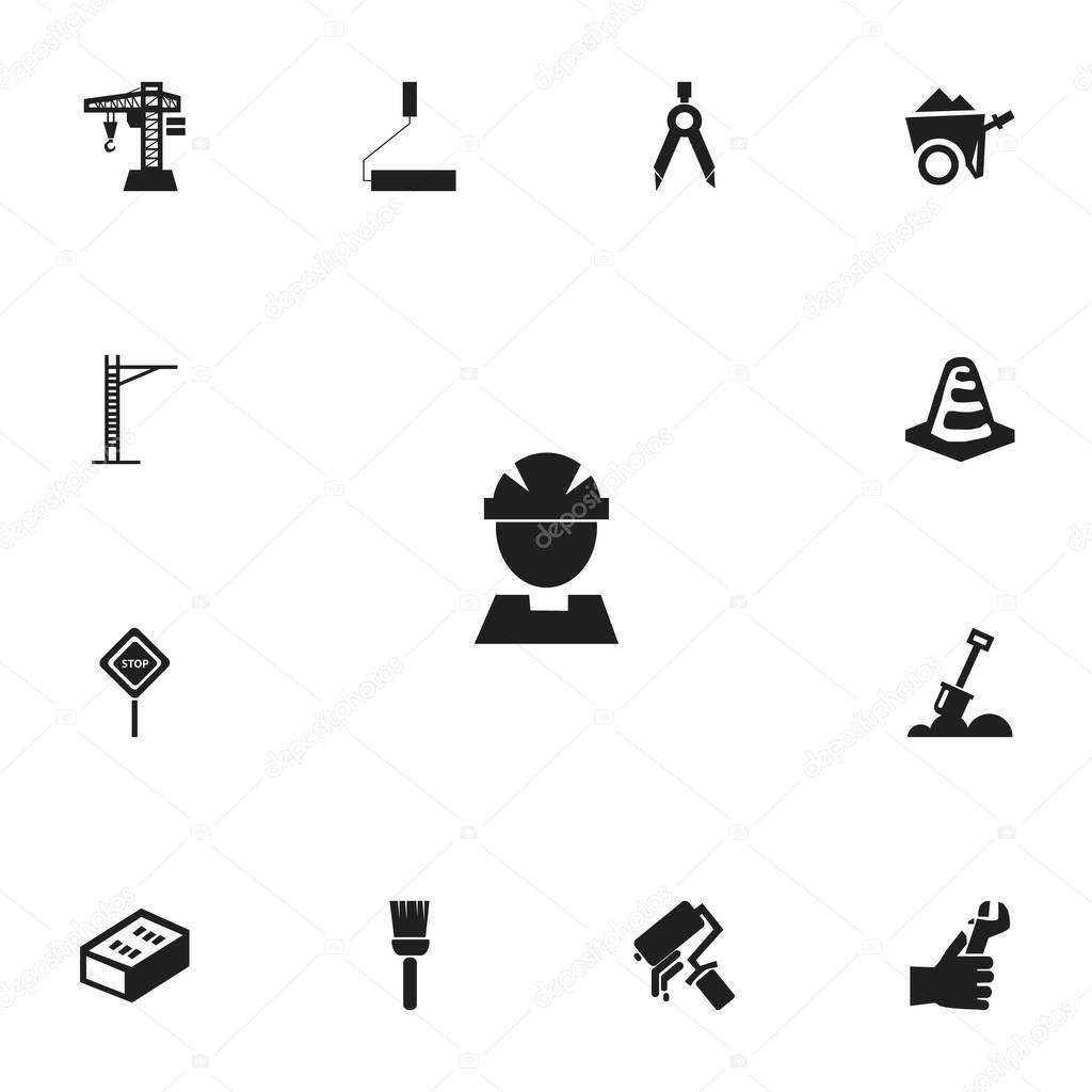 Set of 13 editable construction icons. Includes symbols such as screw wrench, crane, wheelbarrow and more. Can be used for web, mobile, UI and infographic design.