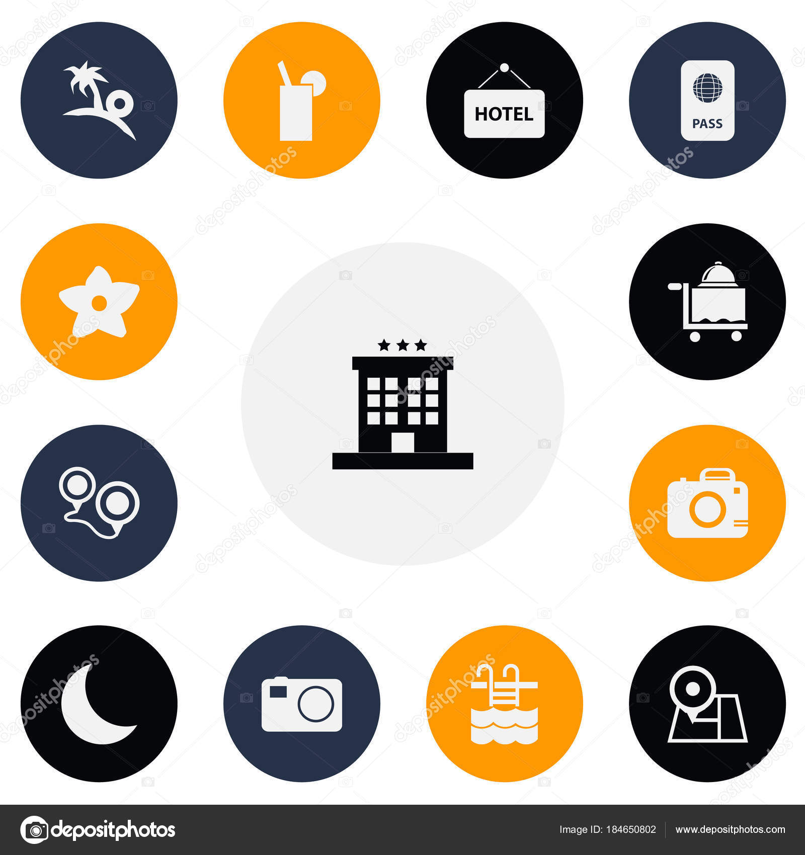 set of 13 editable travel icons includes symbols such as camera