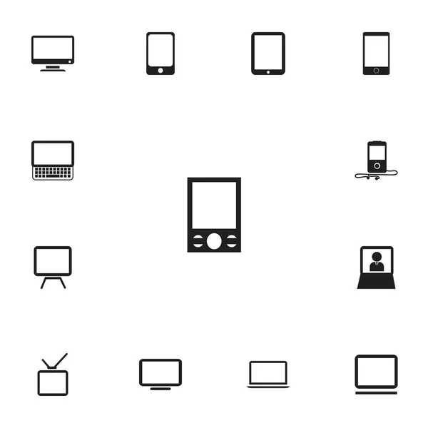 Ensemble de 13 icônes d'instrument modifiables. Comprend des symboles tels que ordinateur, téléphone, lecteur mp3 et plus. Peut être utilisé pour la conception web, mobile, UI et infographique . — Image vectorielle