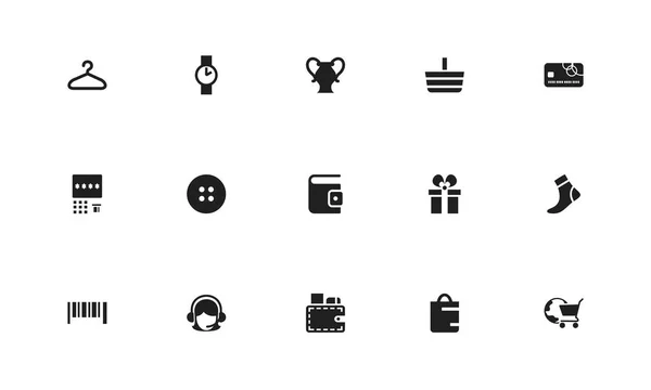 Zestaw 15 edycji ikon handlowych. Zawiera symbole, takie jak towar, portfel, atm. Mogą być używane dla sieci web, mobilnych, projektowania interfejsu użytkownika i infografiki. — Wektor stockowy
