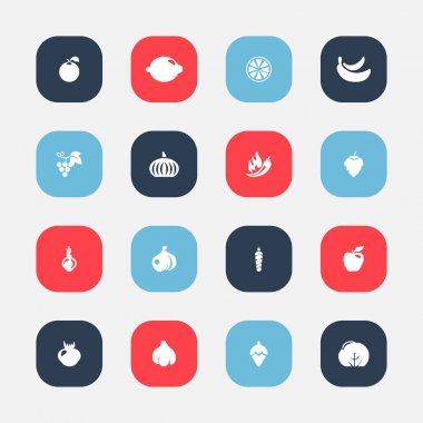 16 düzenlenebilir meyve simgeler kümesi. Kök sebze, lahana, sarımsak ve daha fazlası gibi simgeler içerir. Web, mobil, UI ve Infographic tasarım için kullanılabilir.