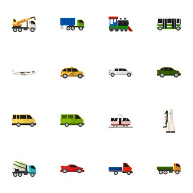 16 düzenlenebilir araba simgeler düz Stil kümesi. Kamyon, uçak, tren ve daha fazlası gibi simgeler içerir. Web, mobil, UI ve Infographic tasarım için kullanılabilir.
