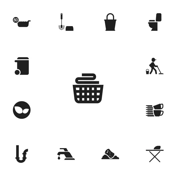 Conjunto de 13 iconos de limpieza editables. Incluye símbolos como cesta de lavandería, juego de té apilado, trapeador y más. Se puede utilizar para diseño web, móvil, IU e infografía . — Vector de stock