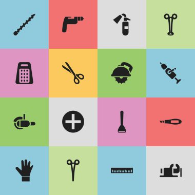 Set of 16 editable tools icons. Includes symbols such as grinder, ruler, glove and more. Can be used for web, mobile, UI and infographic design. clipart