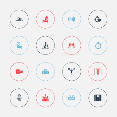 16 düzenlenebilir sağlıklı simgeler kümesi. Podyum, makine tartı, sıralama ve daha fazla gibi simgeler içerir. Web, mobil, UI ve Infographic tasarım için kullanılabilir.