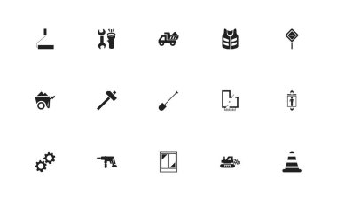 15 düzenlenebilir inşaat simgeler kümesi. Pencere, matkap, kürek ve daha fazlası gibi simgeler içerir. Web, mobil, UI ve Infographic tasarım için kullanılabilir.