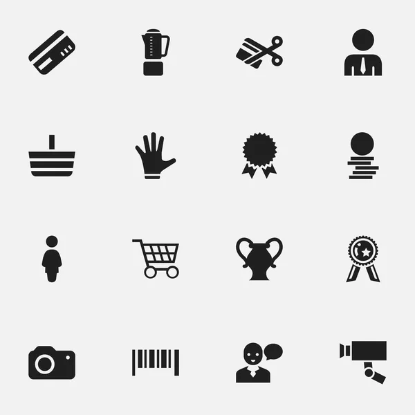 Набор из 16 редактируемых торговых значков. Включает в себя такие символы, как резка, трэшер, фотоаппарат и многое другое. Может использоваться для веб, мобильного, пользовательского и инфографического дизайна . — стоковое фото