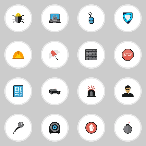 Set 16 bewerkbare veiligheid pictogrammen vlakke stijl. Bevat symbolen zoals externe radio, palm, laptop en meer. Kan worden gebruikt voor web, mobiel, ontwerp Ui en infographic. — Stockfoto