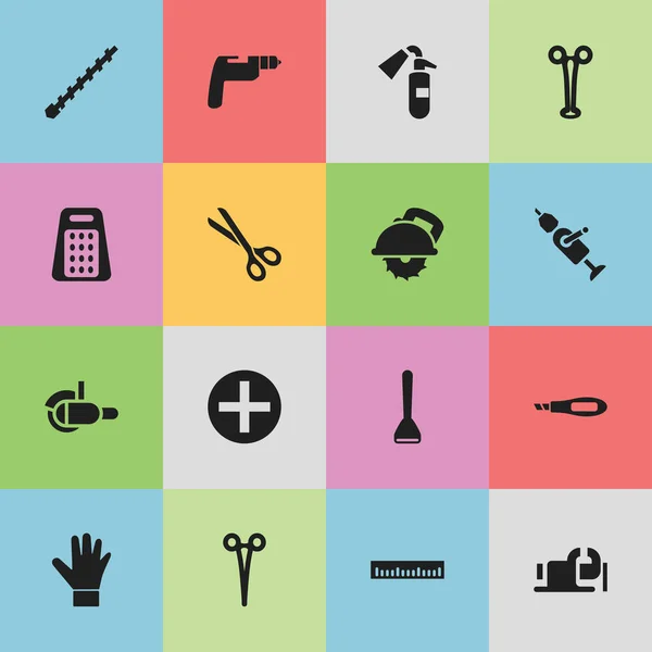 Satz von 16 editierbaren Werkzeugsymbolen. enthält Symbole wie Schleifer, Lineal, Handschuh und mehr. kann für Web-, Mobil-, UI- und Infografik-Design verwendet werden. — Stockfoto