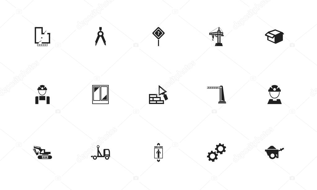 Set of 15 editable building icons. Includes symbols such as hoisting machine, pickup, package and more. Can be used for web, mobile, UI and infographic design.